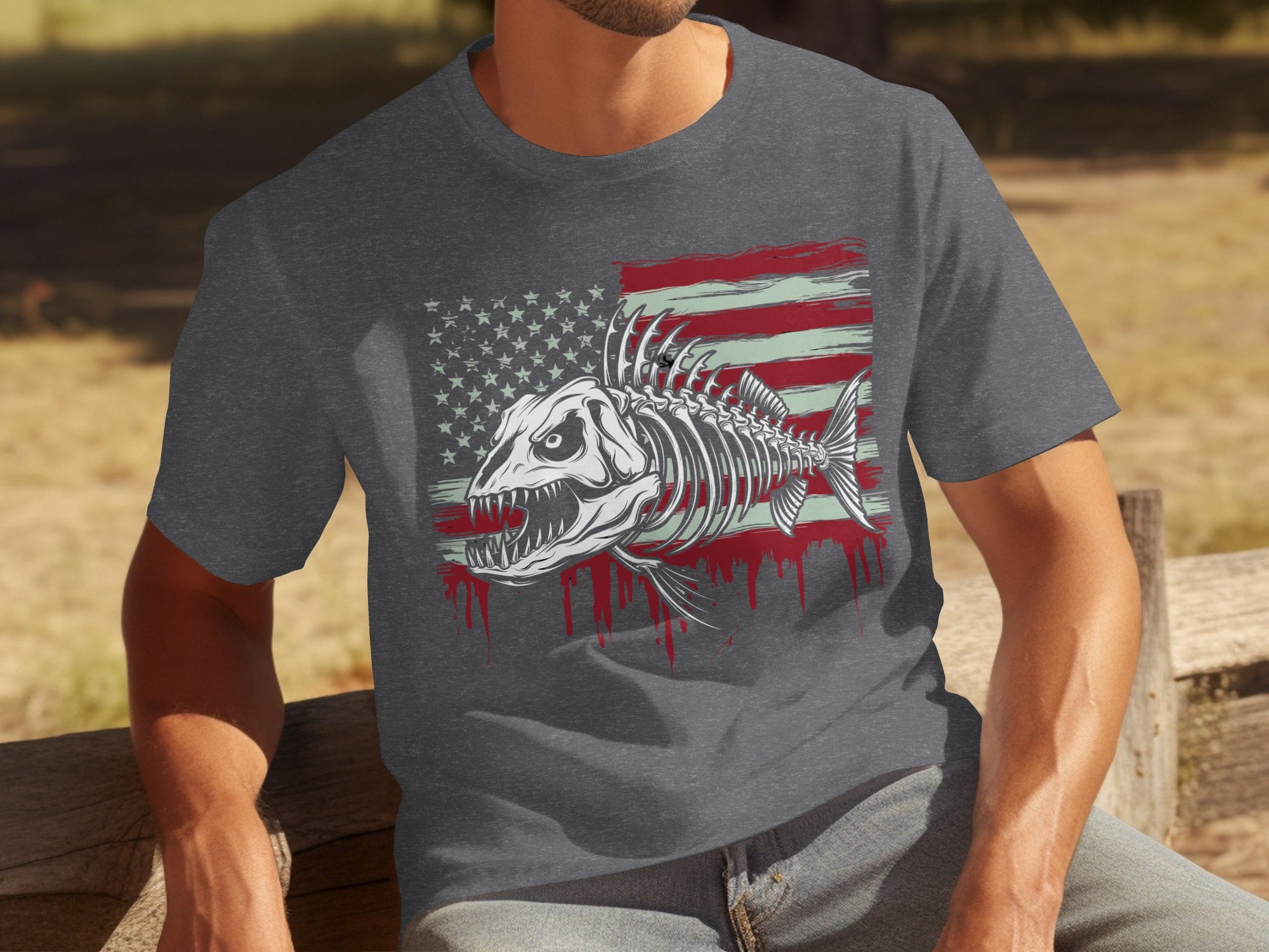 Graphic t-shirt with fish skeleton on distressed American flag.