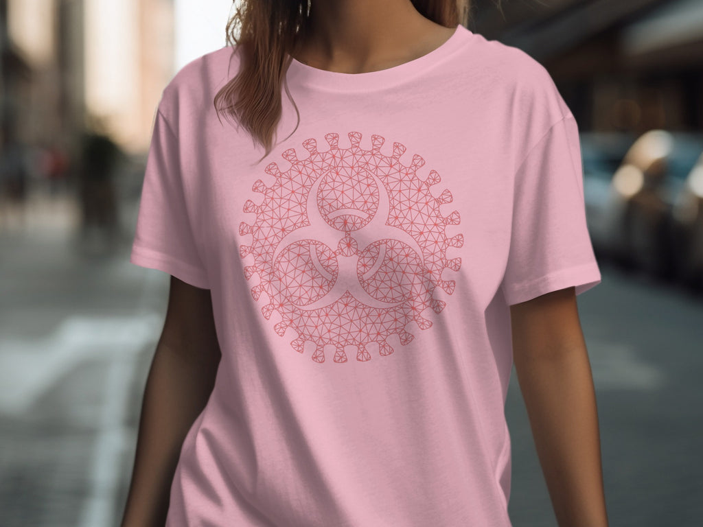 Pink t-shirt with a red geometric biohazard symbol and virus illustration.
