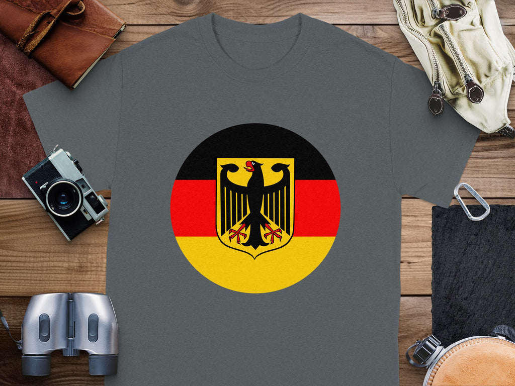 T-shirt with German flag and eagle emblem in a circle.