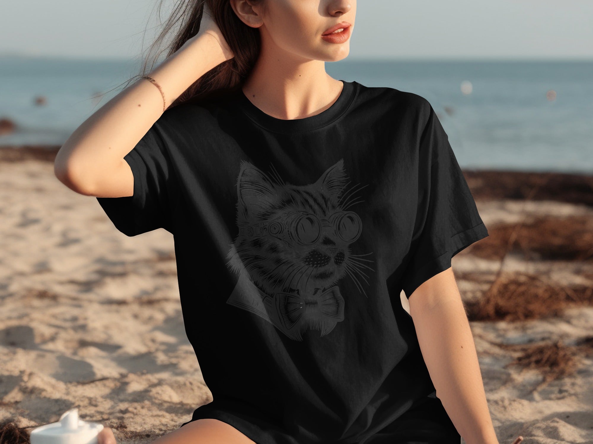 Black t-shirt with a detailed line drawing of a steampunk cat.