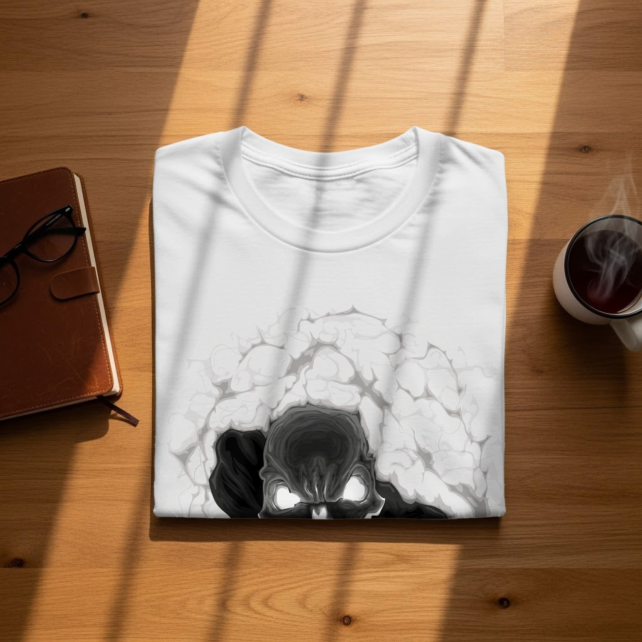 White t-shirt with a black and gray skull emerging from clouds graphic, on a wooden table.