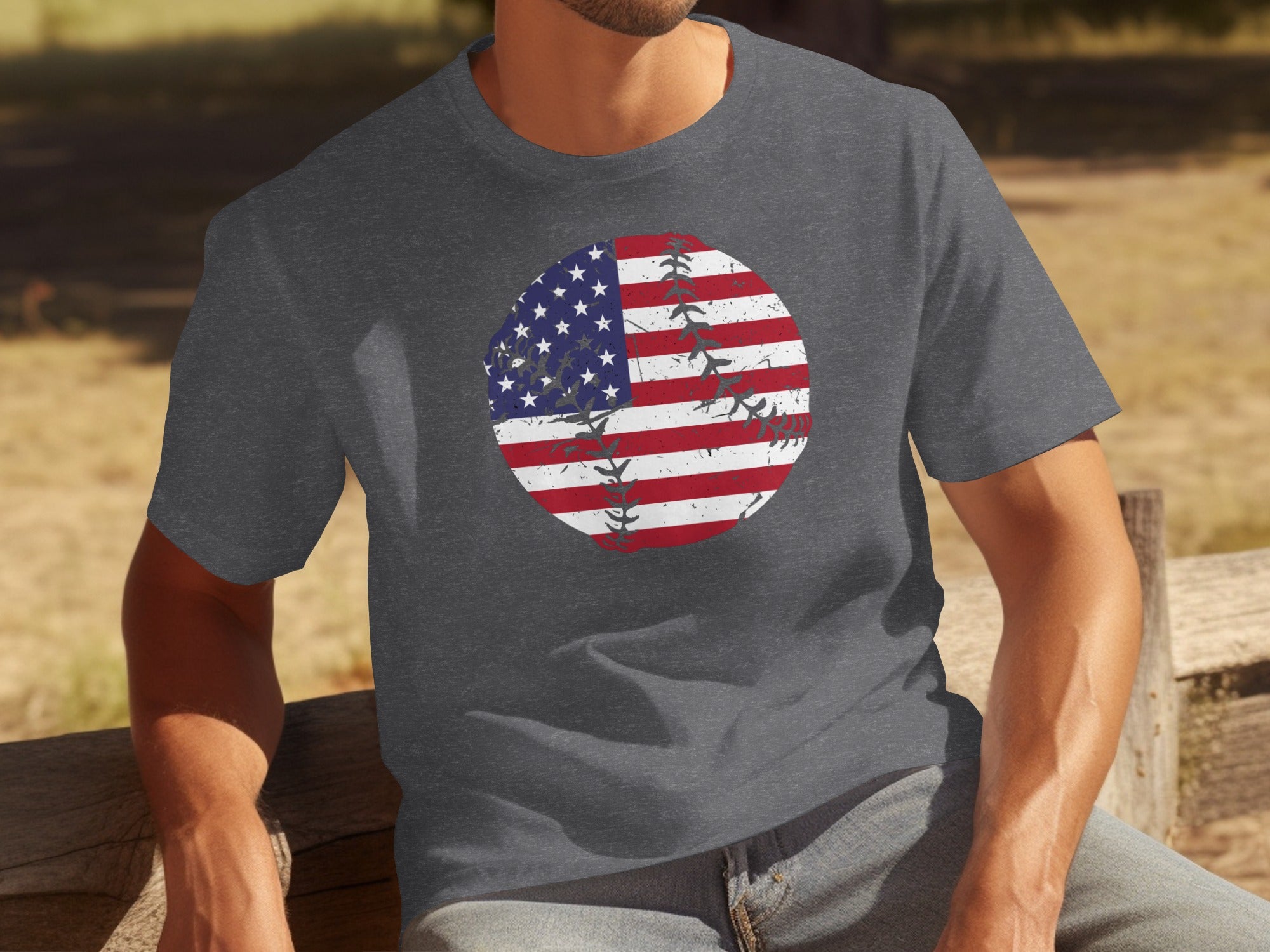 Gray t-shirt with circular distressed American flag baseball graphic.