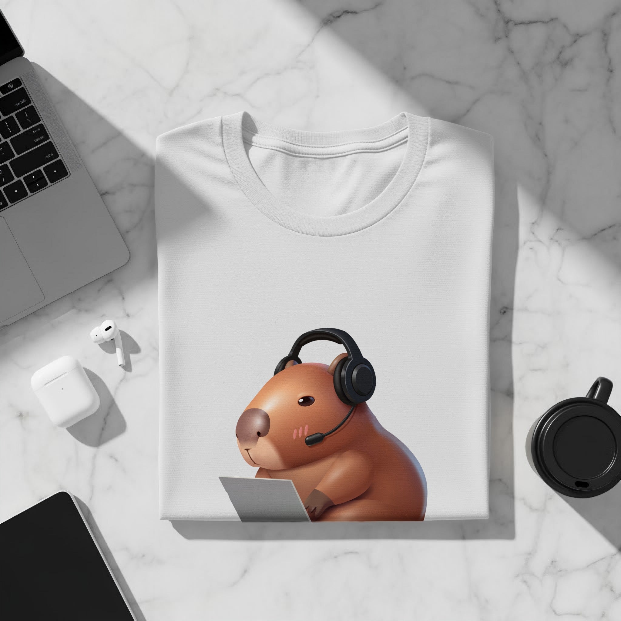 White t-shirt featuring a cartoon capybara wearing headphones and using a laptop.