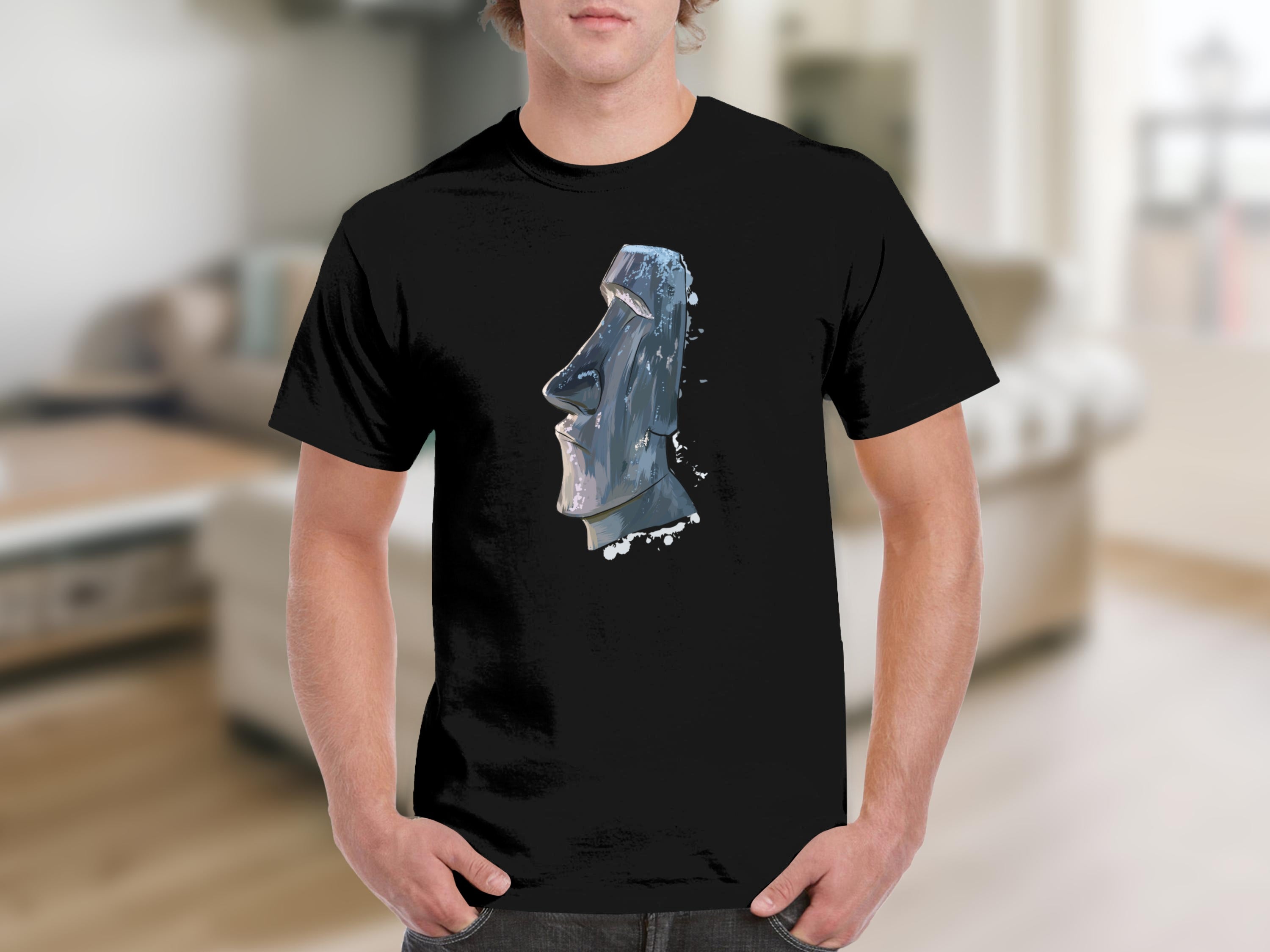 Black t-shirt with a side profile illustration of a gray Moai statue.
