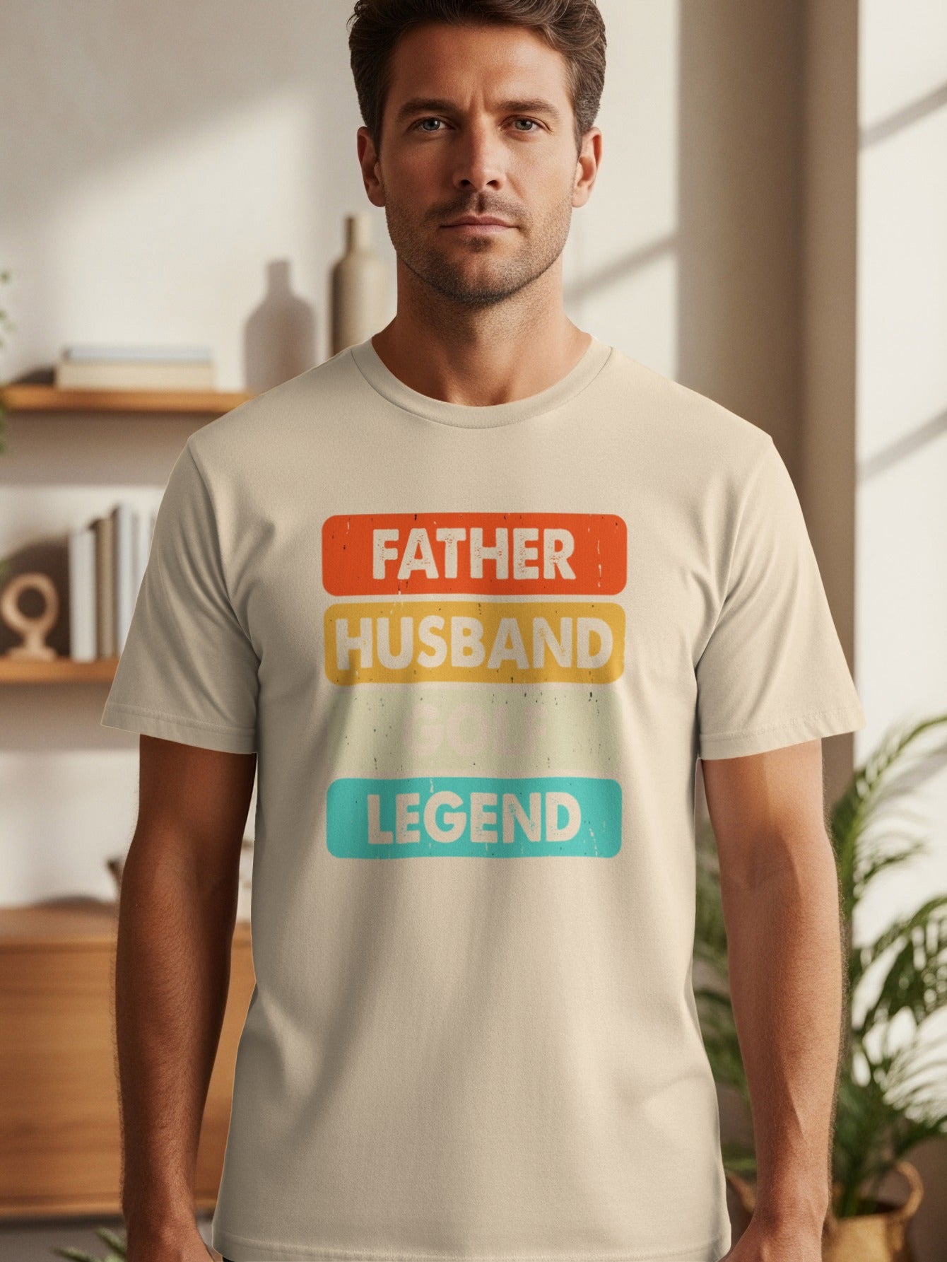 T-shirt with text "FATHER HUSBAND SON LEGEND" in retro blocks.