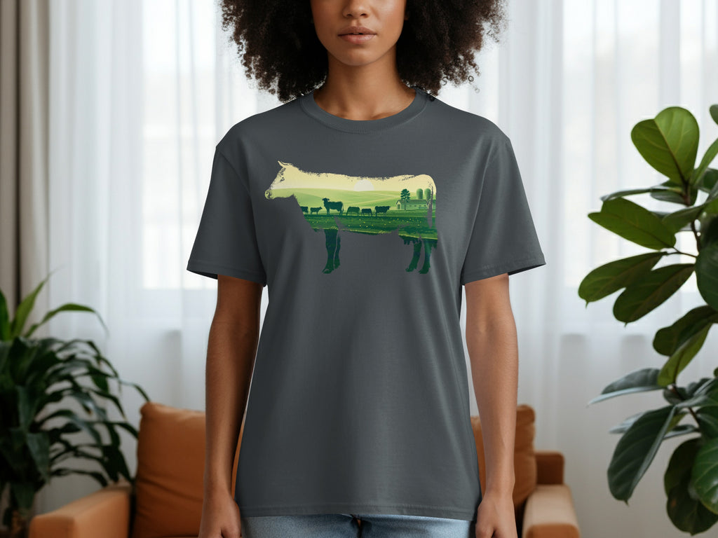 Dark grey t-shirt with a cow silhouette filled with a pastoral landscape scene.