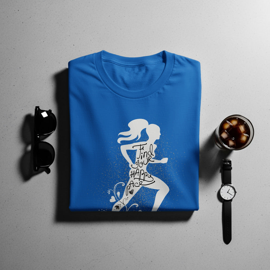 Blue t-shirt with white graphic of a runner and text "Find your happy pace".