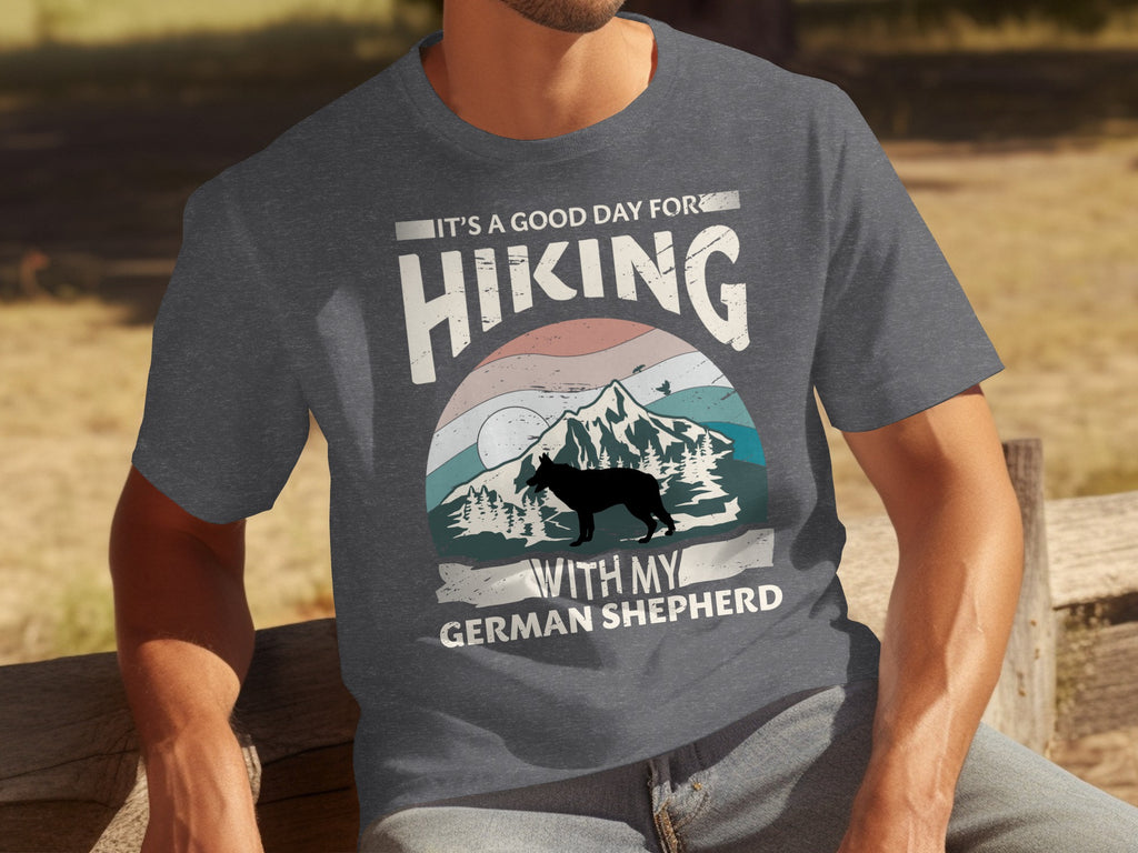 T-shirt with text "It's a good day for hiking with my German Shepherd" and mountain graphic.