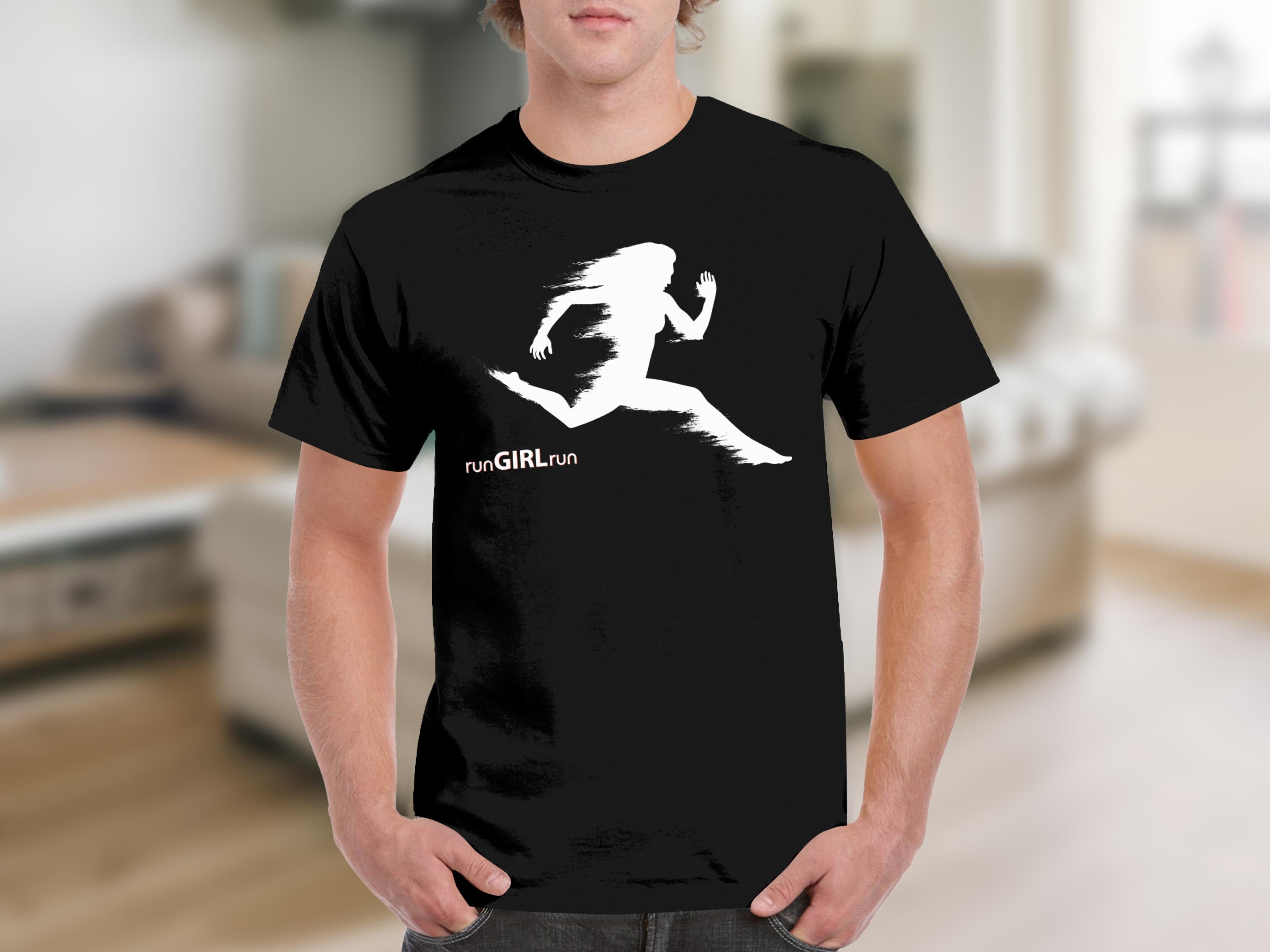 Black t-shirt with white graphic of a running woman and text "runGIRLrun".
