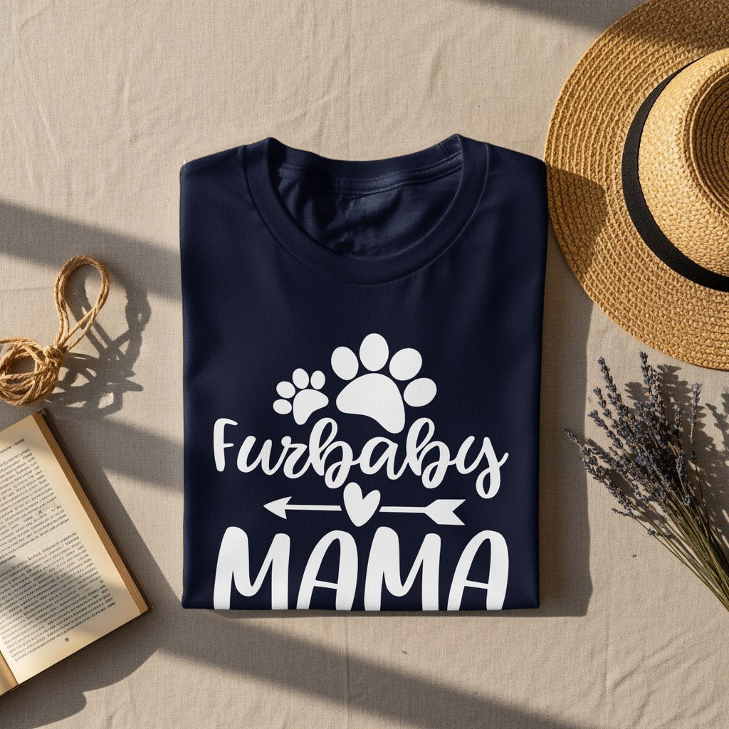 Navy t-shirt with "Furbaby MAMA" text and paw print graphics.
