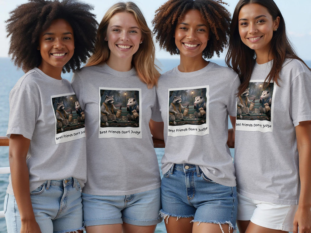 Four women wearing grey t-shirts with "Best Friends Don't Judge" print featuring raccoons and opossums.