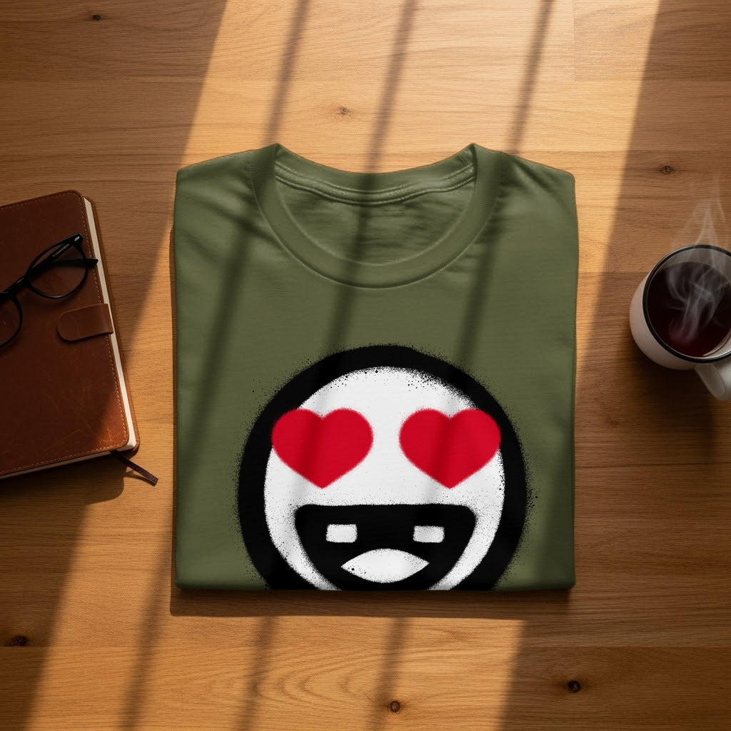 Olive green t-shirt with a cartoony face and red heart eyes.