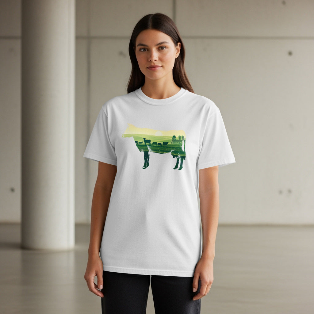 White t-shirt with a silhouette of a cow filled with a pastoral landscape.
