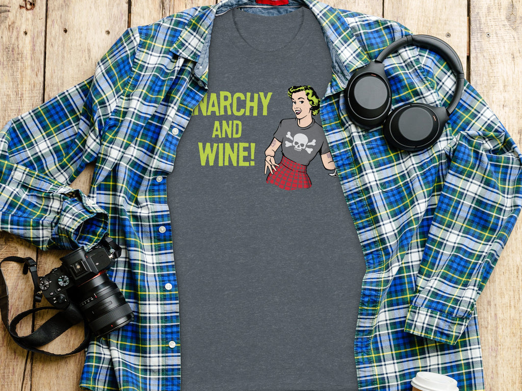 Dark grey t-shirt with "Anarchy and Wine!" text and graphic of woman.