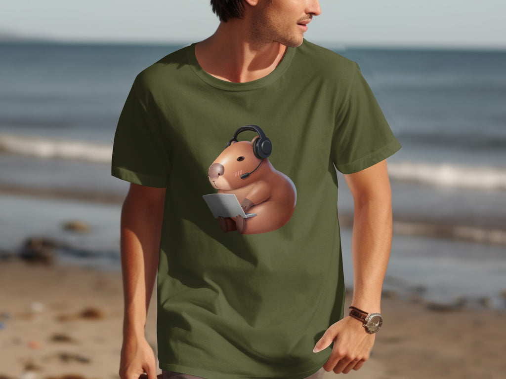Green t-shirt with cartoon capybara wearing headset and laptop.