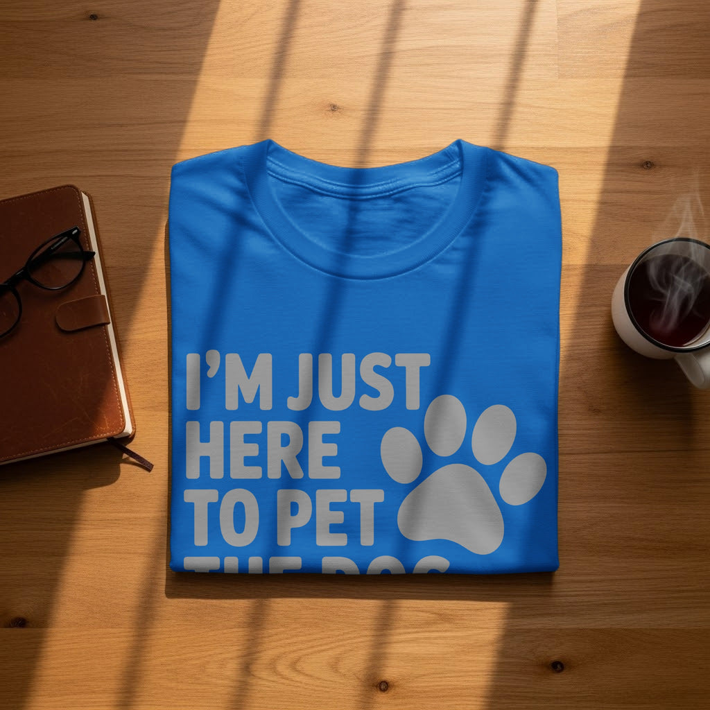 Blue t-shirt with "I'M JUST HERE TO PET THE DOG" text and paw print.