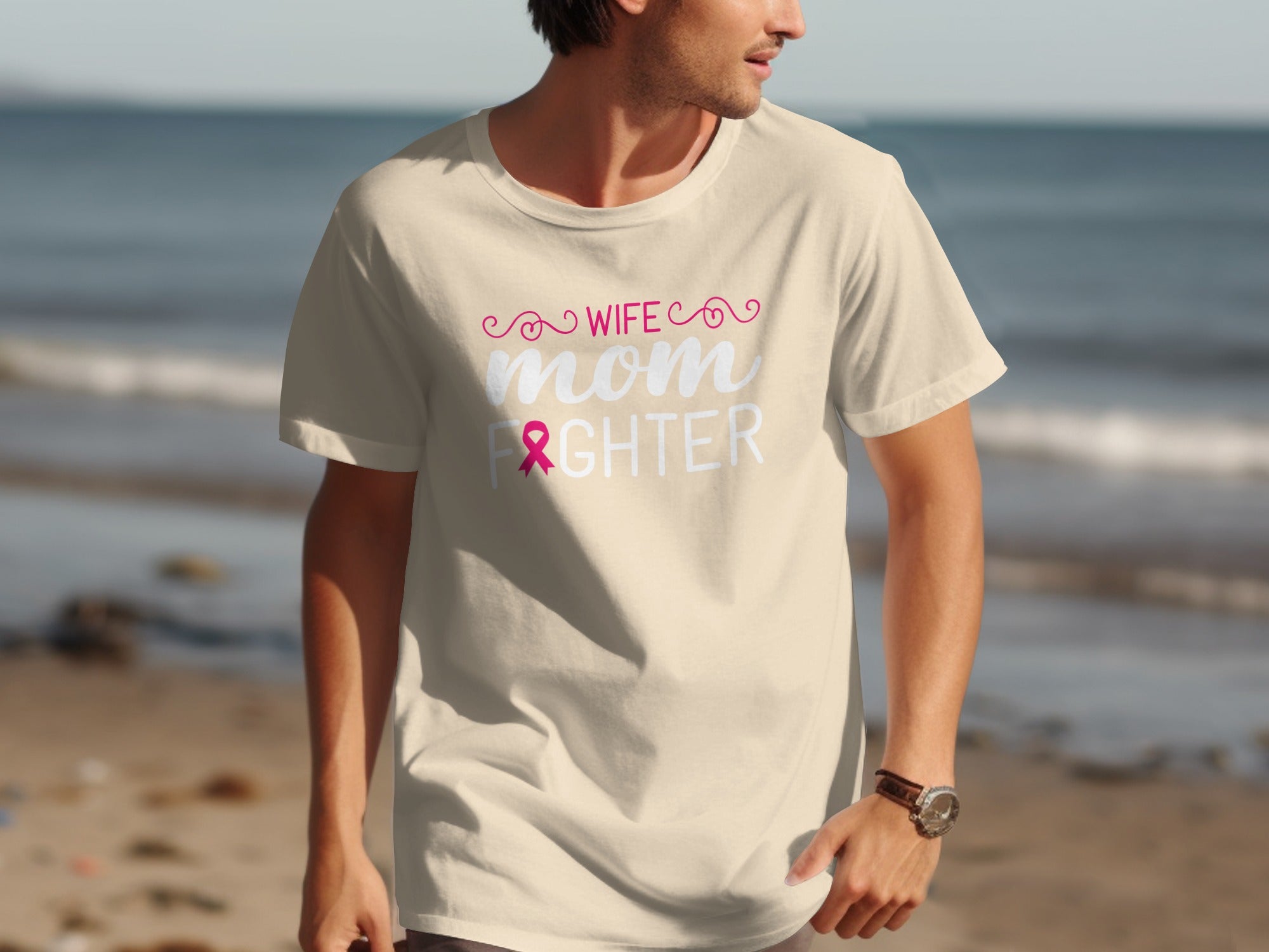 Pale tan t-shirt with "Wife Mom Fighter" and pink ribbon design.