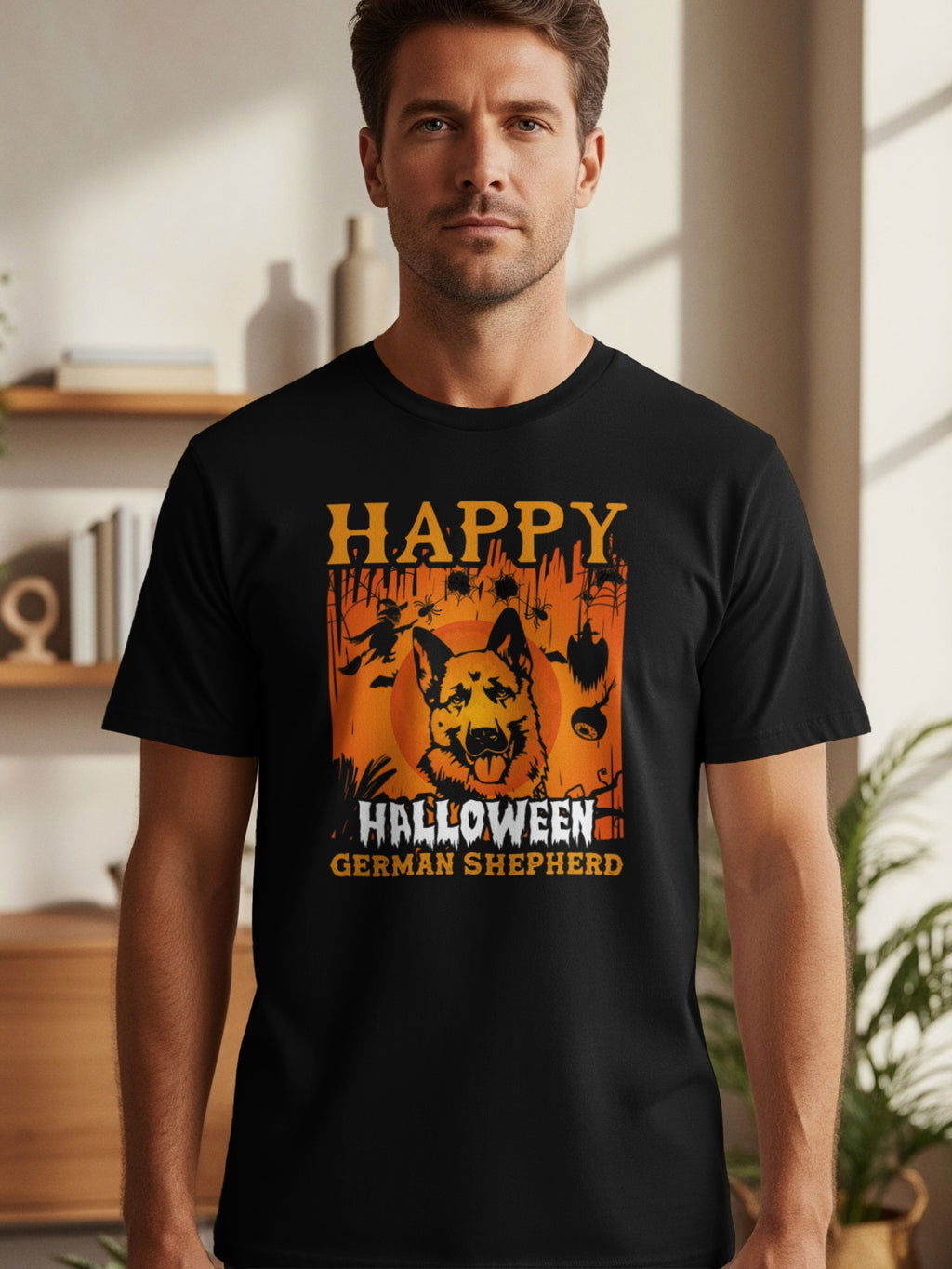 Black t-shirt with orange Halloween graphic featuring a German Shepherd, bats, and spiders.
