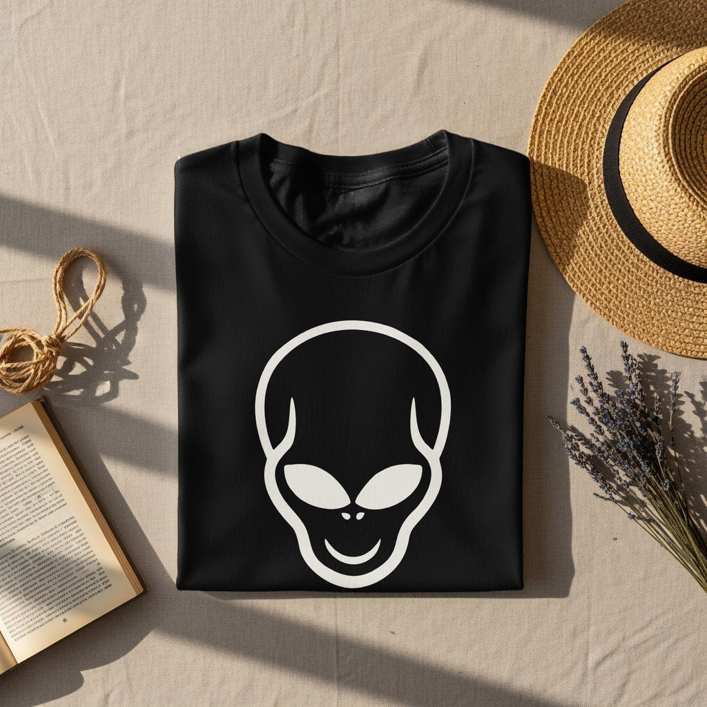 Black t-shirt with a white alien head graphic and a straw hat.