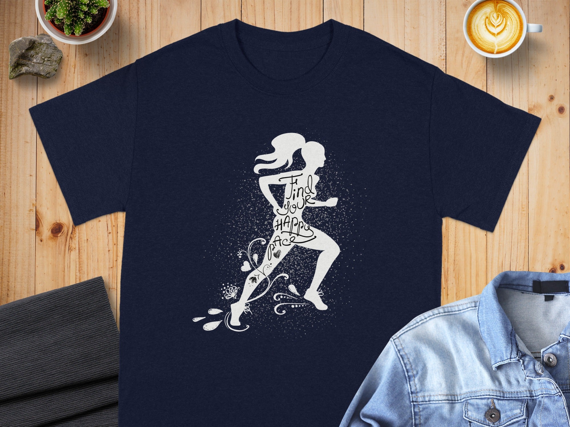 Navy t-shirt with a white silhouette of a runner and the text "Find Your Happy Pace".