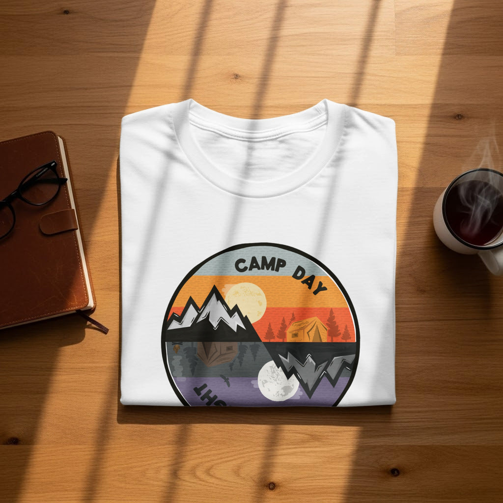 White t-shirt with a circular graphic of mountains and a tent, depicting day and night.