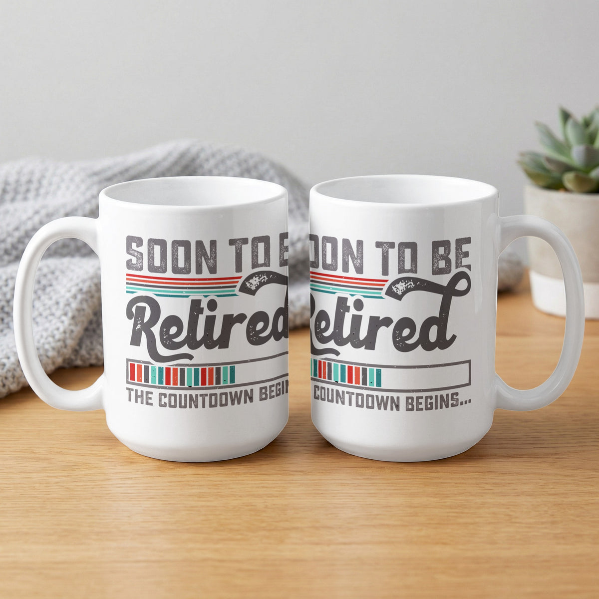 Two white mugs with "Soon to be Retired" and "The Countdown Begins" text.