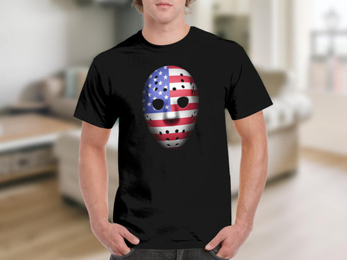 Black t-shirt with American flag-themed hockey mask graphic on front.
