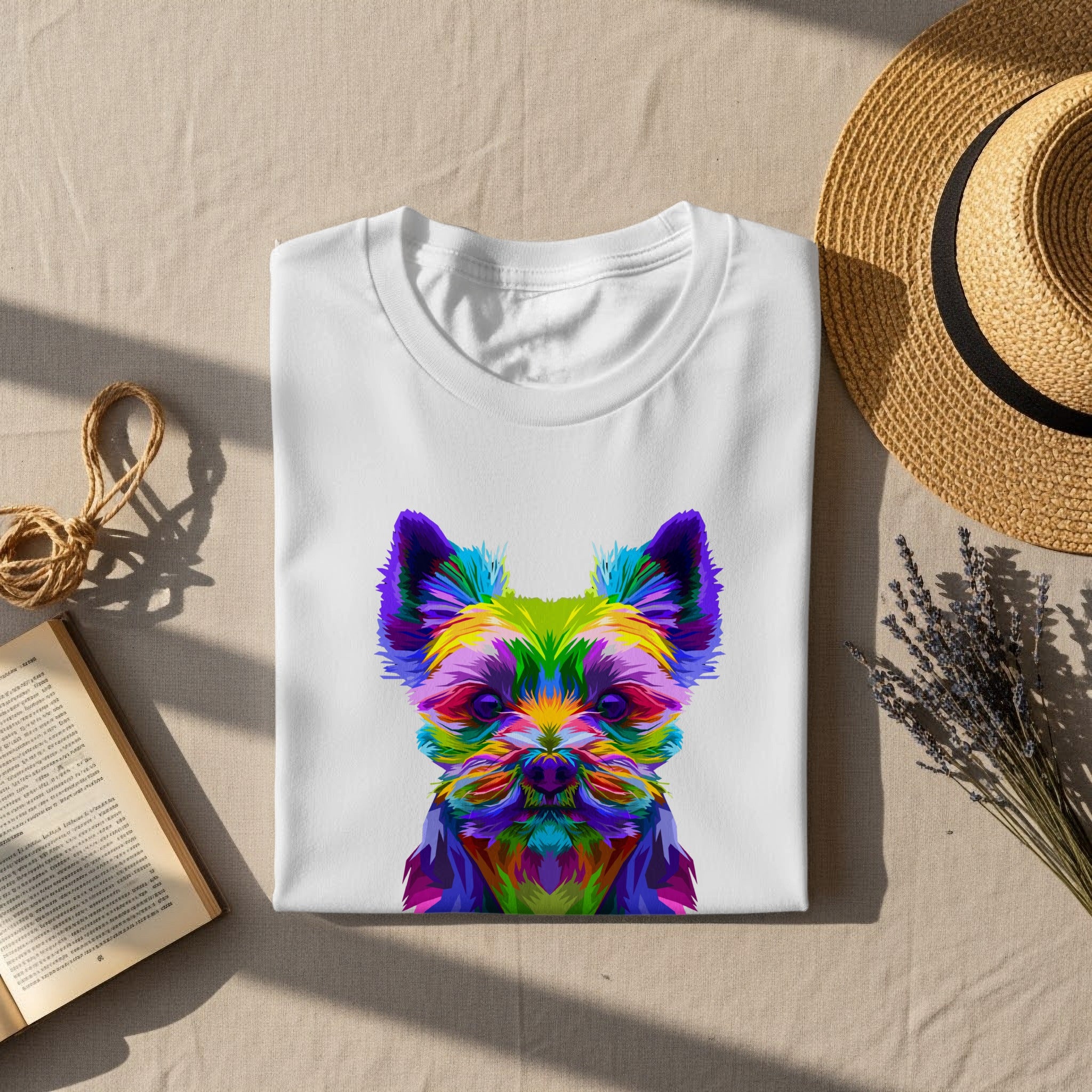 White t-shirt with a colorful, abstract dog face graphic.