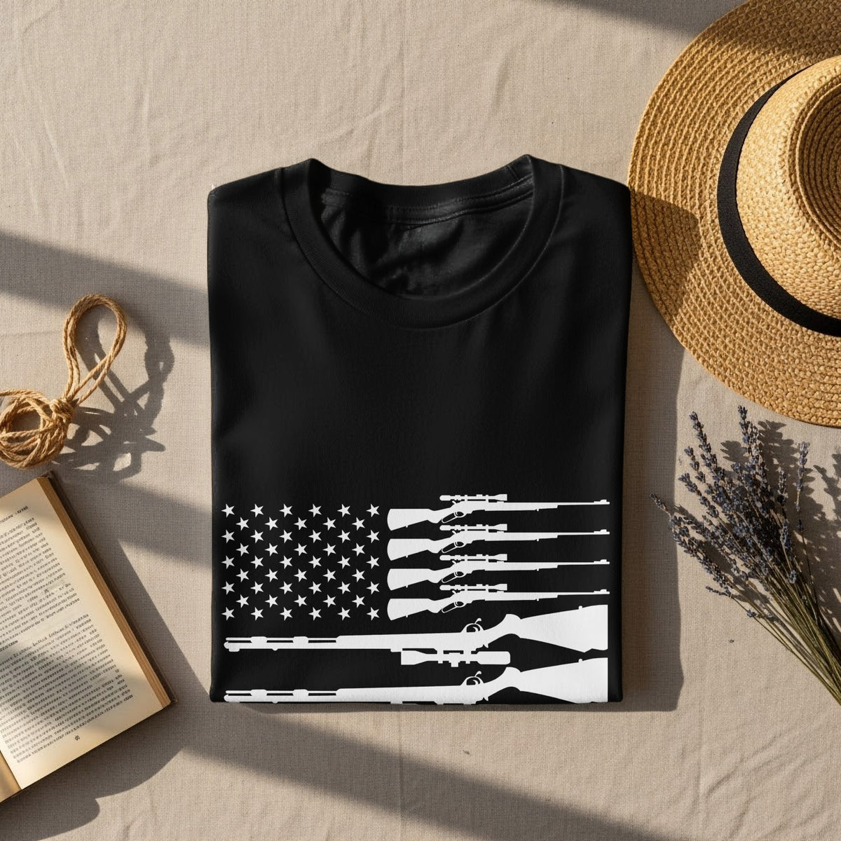 Black t-shirt with white American flag design featuring rifles.