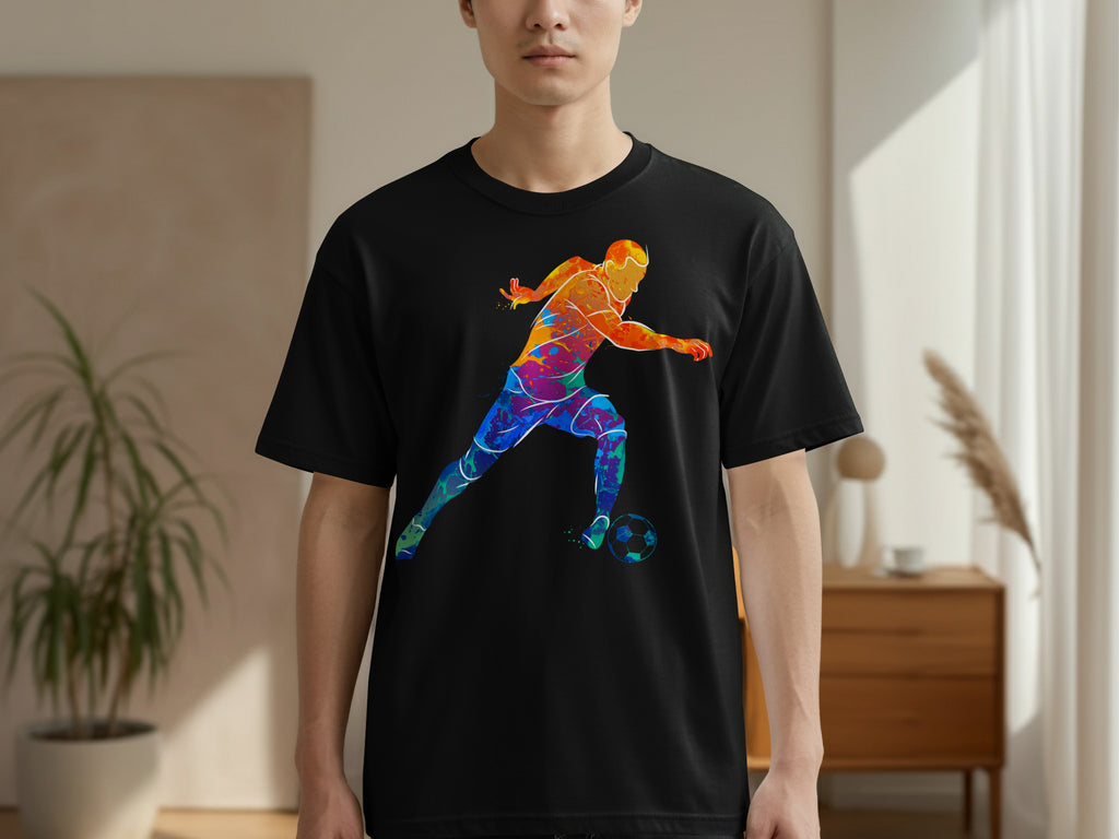 Black t-shirt with a colorful watercolor soccer player graphic.