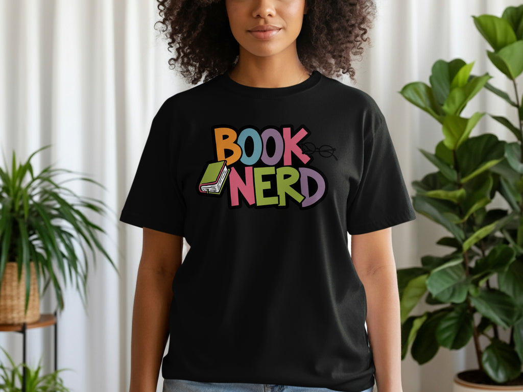 Black t-shirt with "BOOK NERD" text and book graphic.