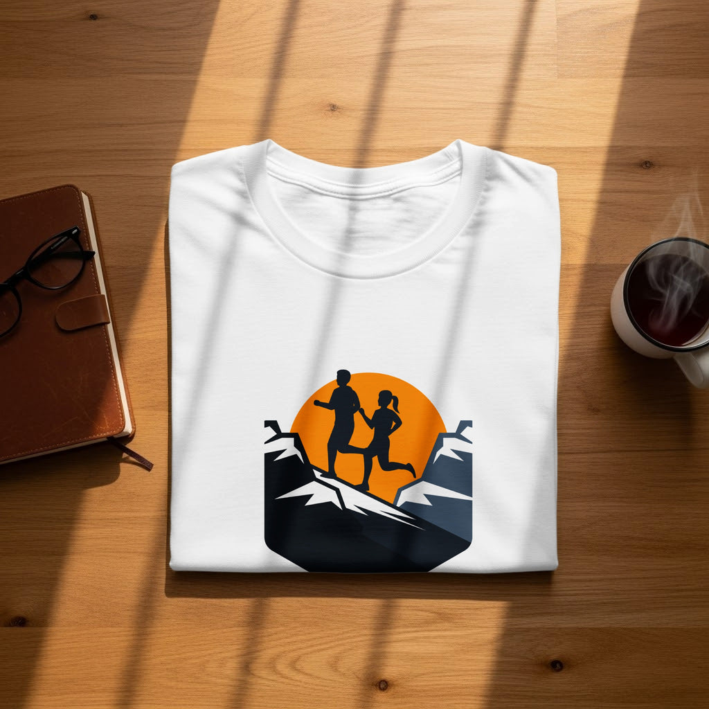White t-shirt with graphic of two runners on mountain with sun behind them.