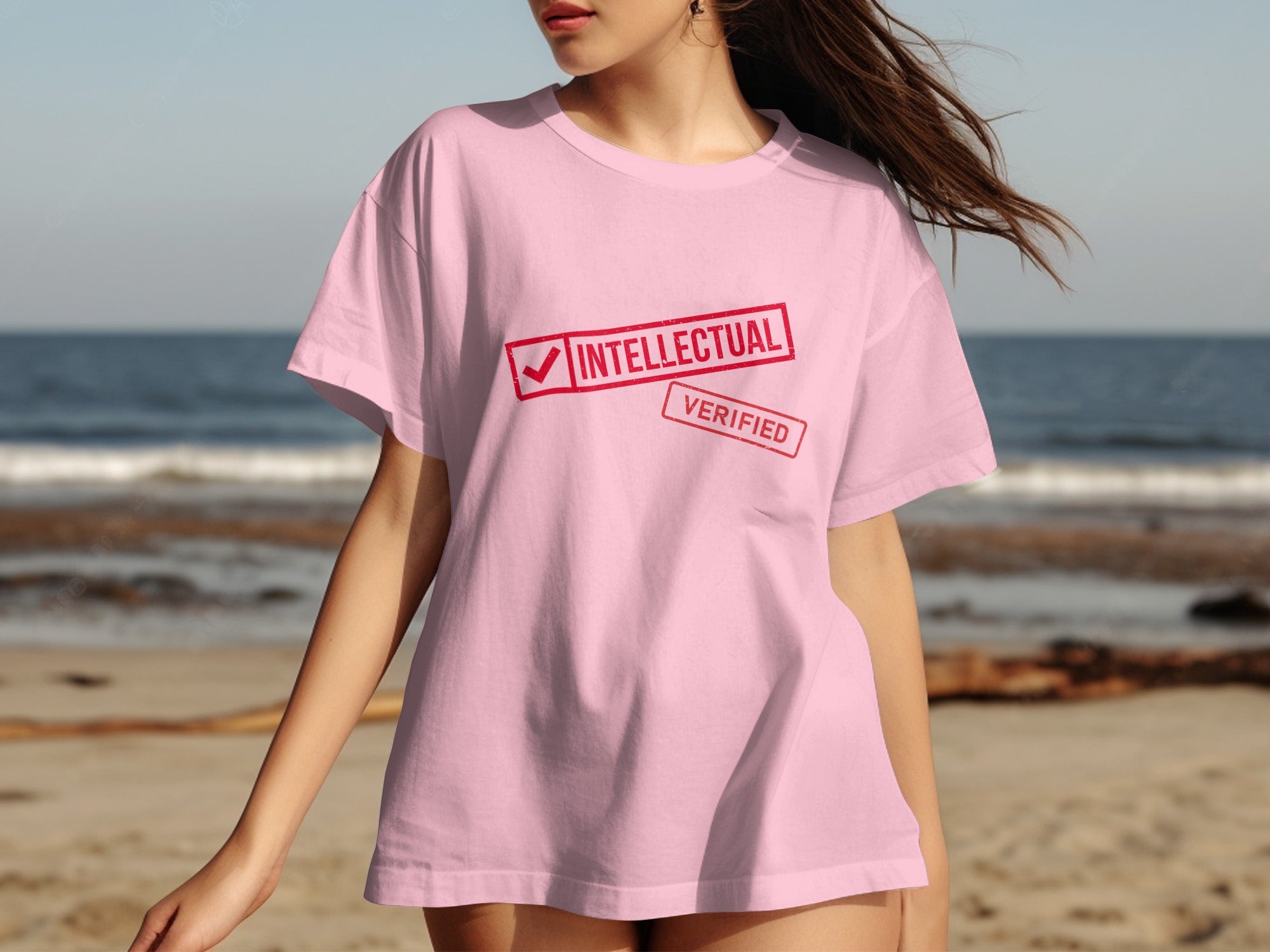 Pink t-shirt with red "Intellectual Verified" stamps and check mark.