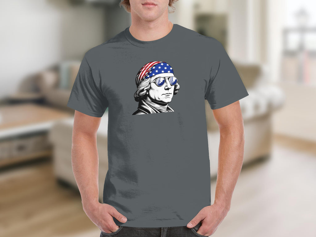 T-shirt with illustration of George Washington wearing American flag bandana and sunglasses.