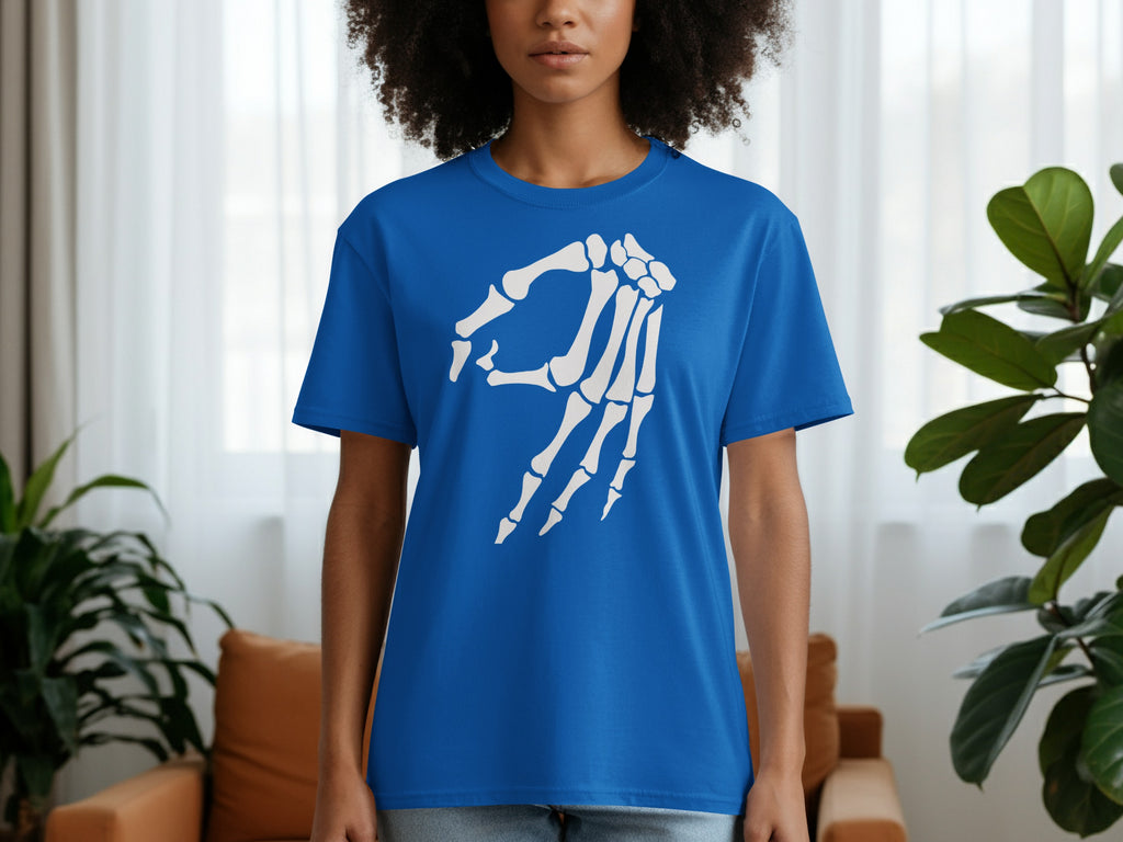 Blue t-shirt with white skeleton hand graphic on the chest.