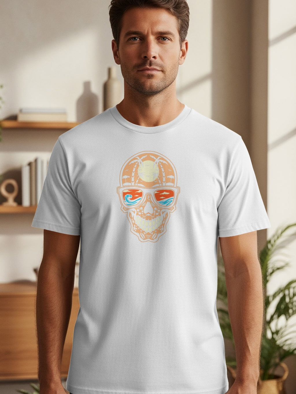 White t-shirt with a skull graphic wearing sunglasses reflecting a beach scene.
