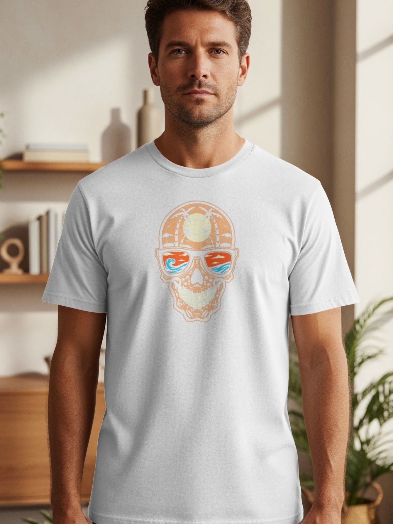 White t-shirt with a skull graphic wearing sunglasses reflecting a beach scene.