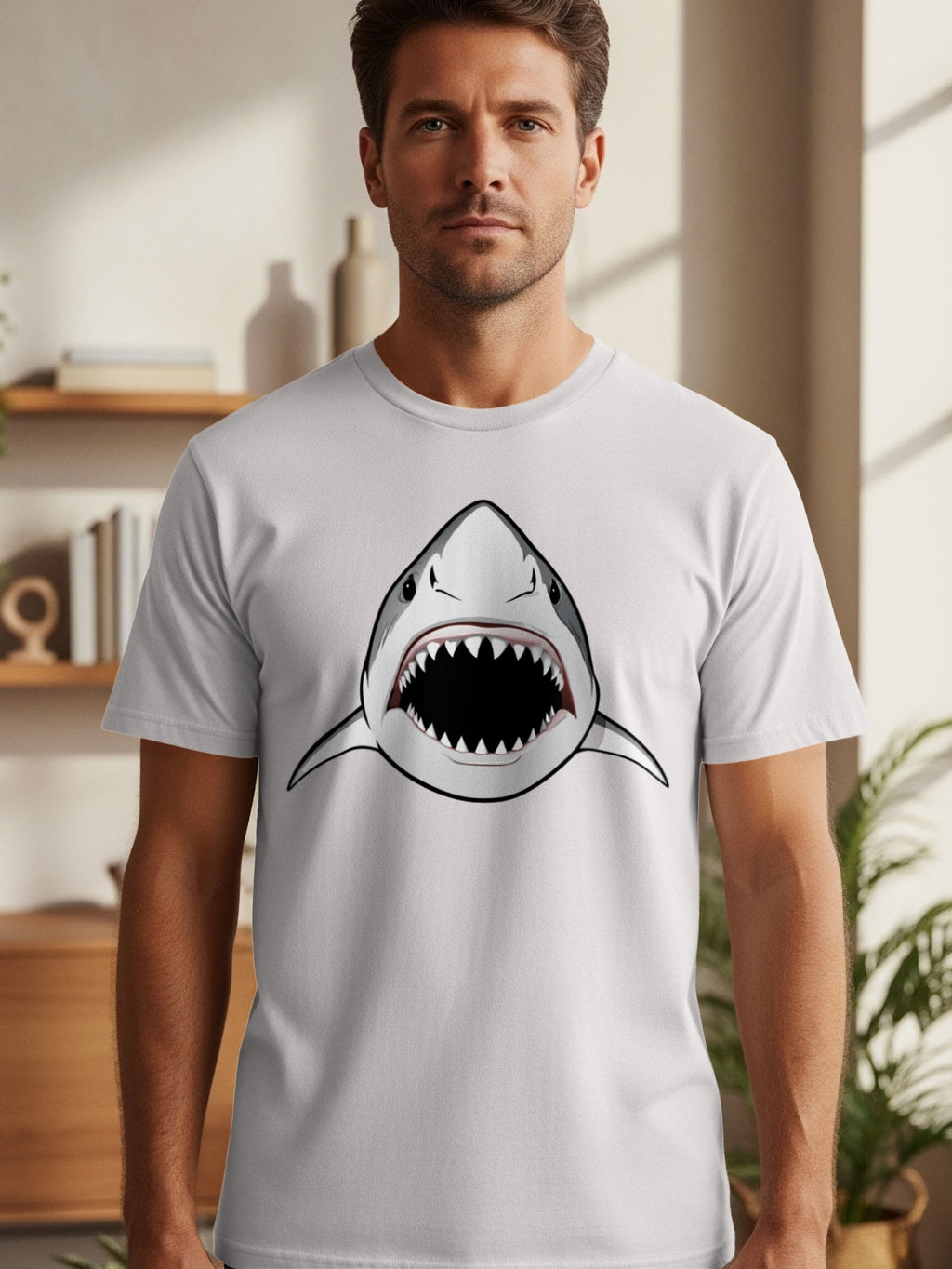 White t-shirt with a graphic of a great white shark's head with open mouth.