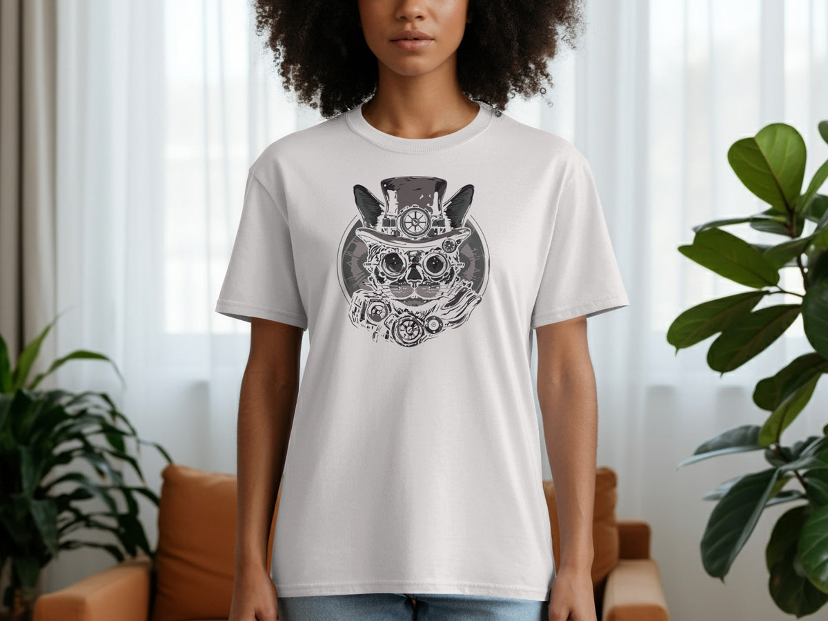 White t-shirt with a black and grey steampunk cat graphic.