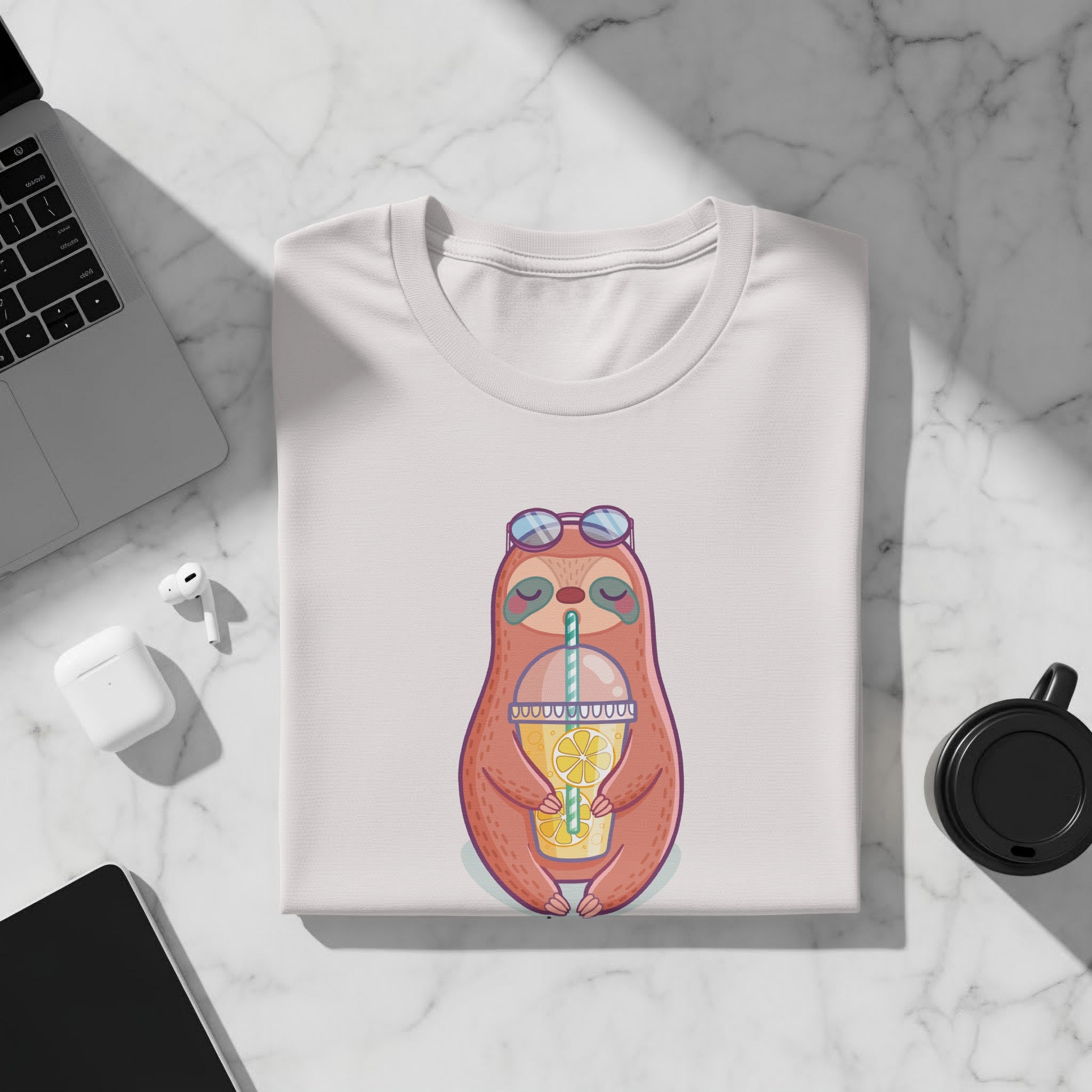 White t-shirt with a cartoon sloth drinking lemonade, wearing sunglasses.
