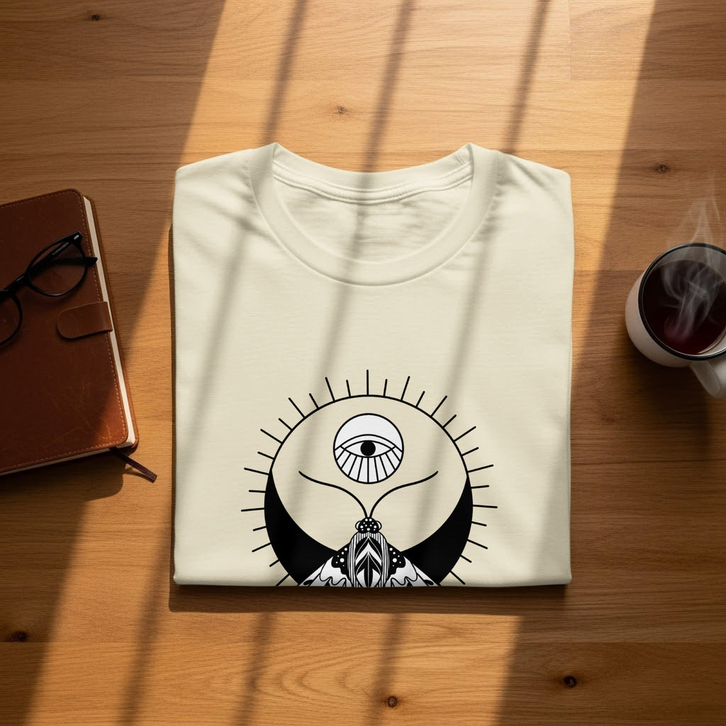 Cream t-shirt with black moth and eye graphic, placed on a wooden table.