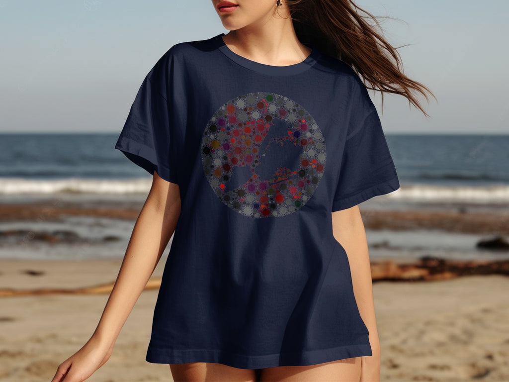Dark blue t-shirt with circular mosaic design of colorful virus-like shapes.