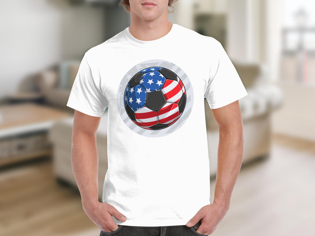 White t-shirt with a black and white soccer ball graphic featuring the American flag pattern.