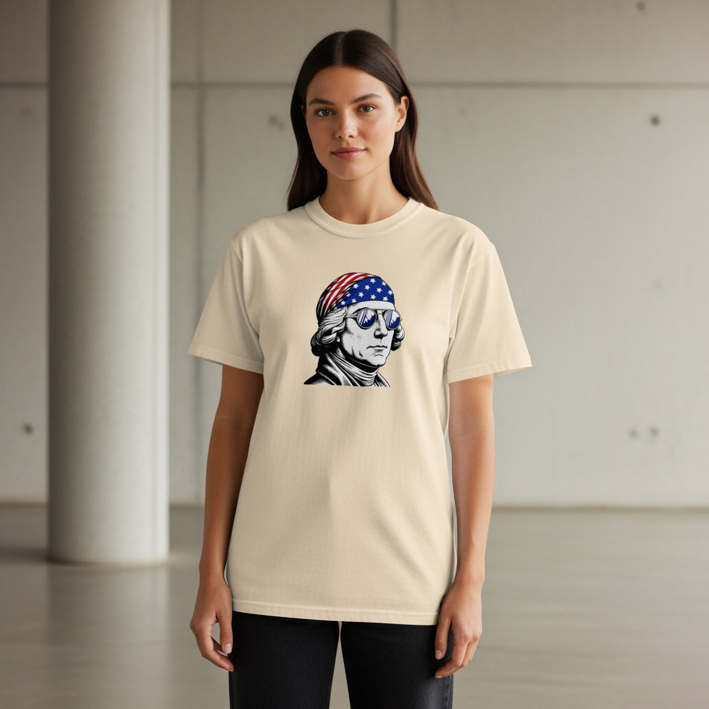 Illustration of George Washington wearing an American flag bandana and sunglasses on a t-shirt.