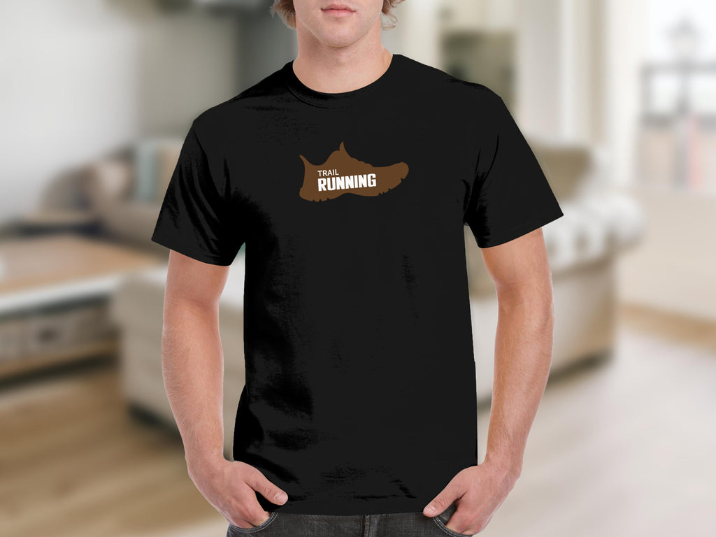 Black t-shirt with a brown shoe outline graphic and "TRAIL RUNNING" text.