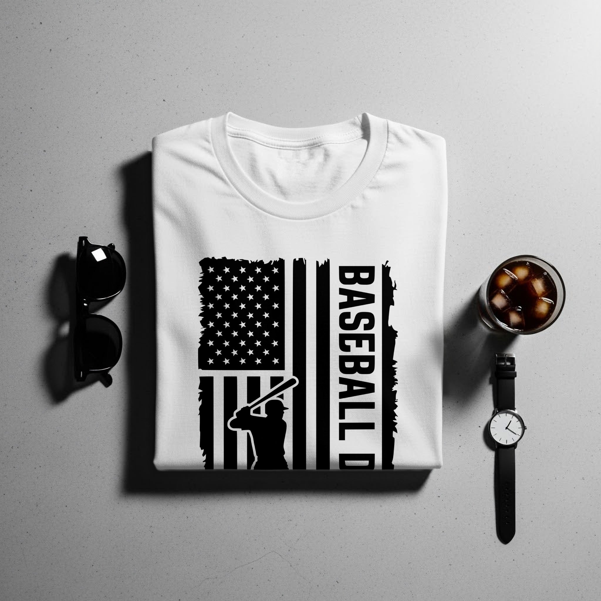 White t-shirt with black distressed American flag graphic and "BASEBALL D" text.