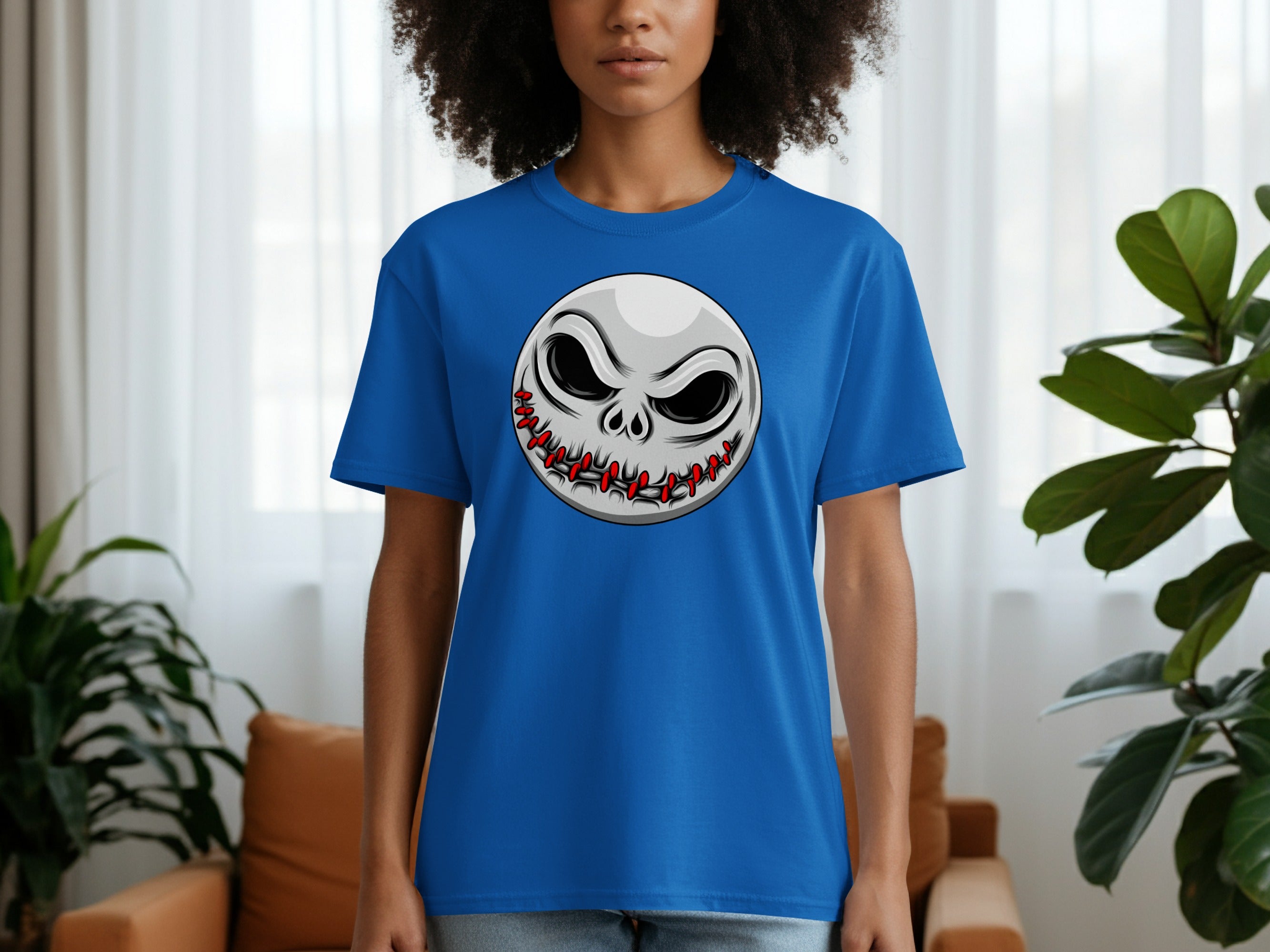 Blue t-shirt with Jack Skellington face graphic and stitched mouth detail.