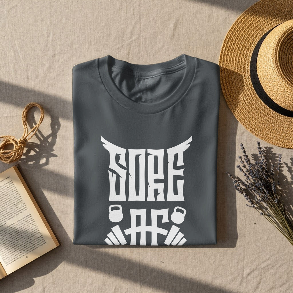 Dark grey t-shirt with white "SORE AF" graphic featuring weights.