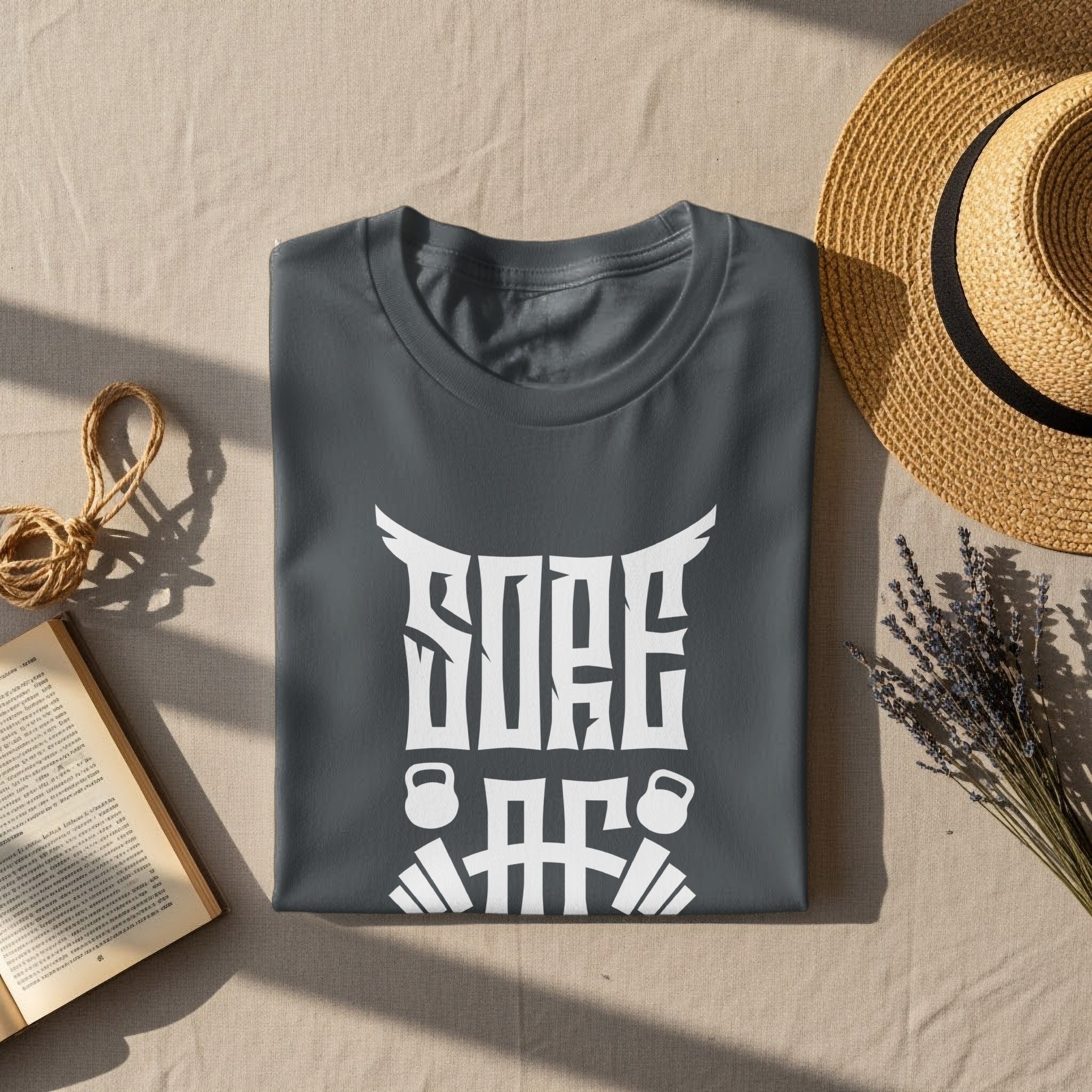 Dark grey t-shirt with white "SORE AF" graphic featuring weights.