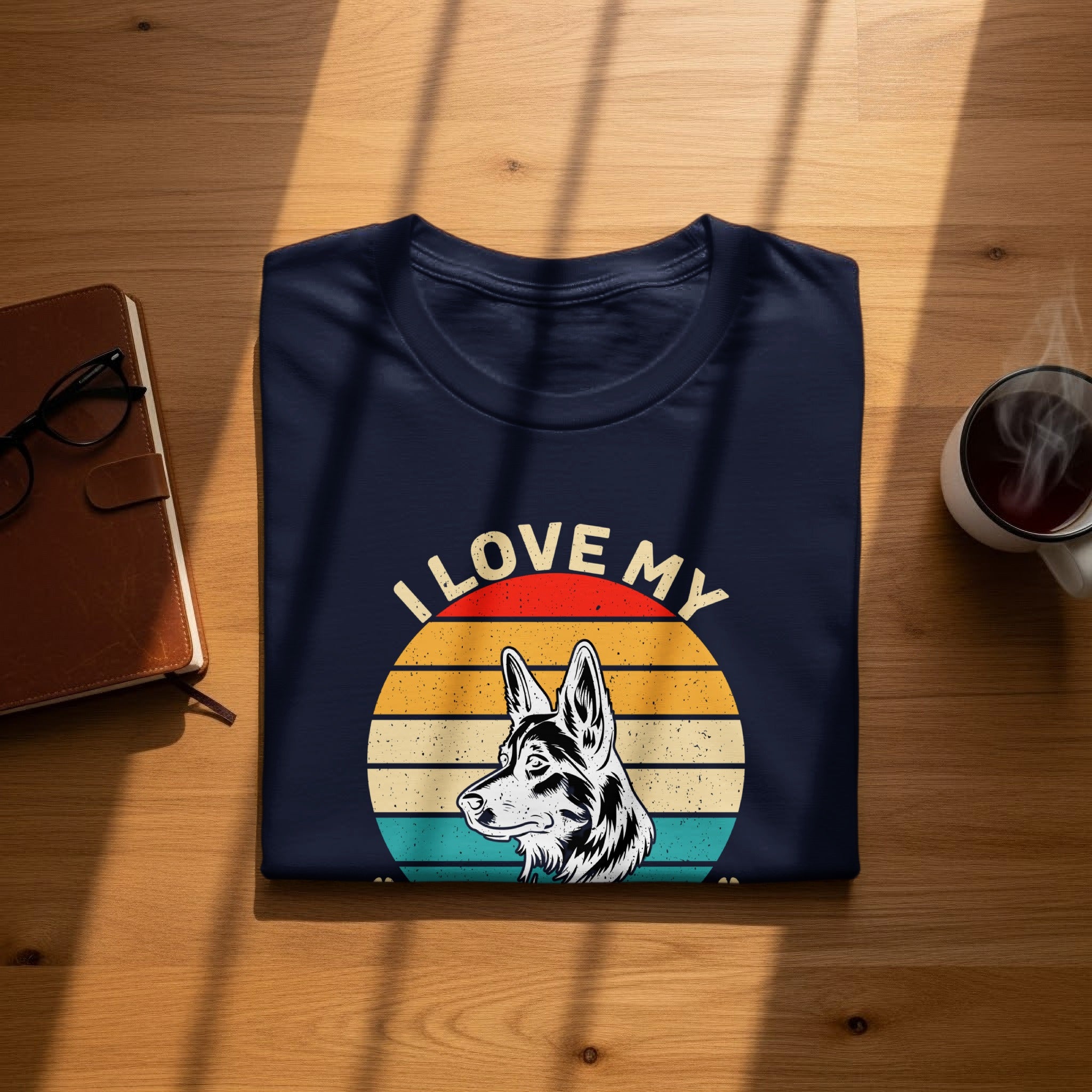 Dark blue t-shirt with "I Love My" and German Shepherd design.